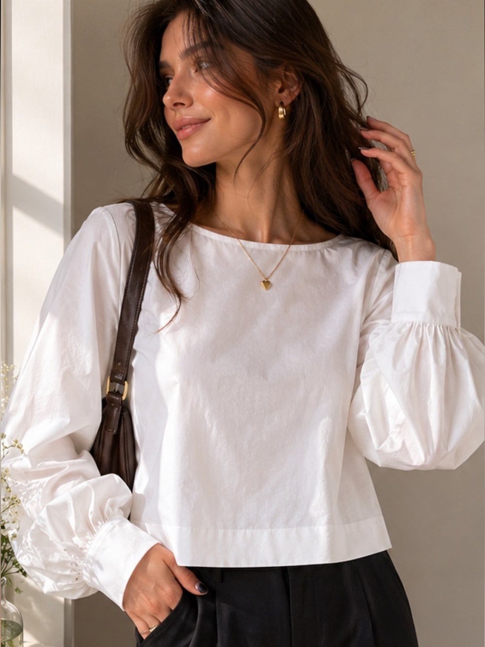 BABATON White 1-01 Cotton Poplin Balloon Sleeve Blouse